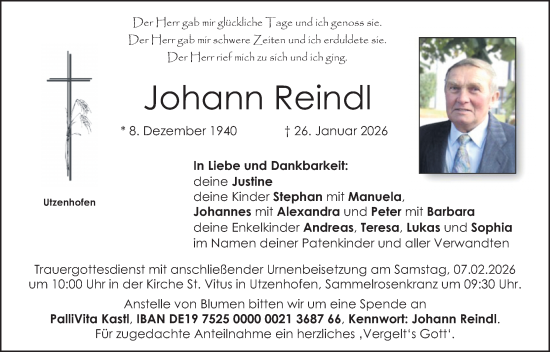 Traueranzeige von Johann Reindl von Hauptausgabe Amberg