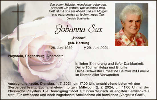 Traueranzeige von Johanna Sax von Landkreis Schwandorf und Vohenstrauß