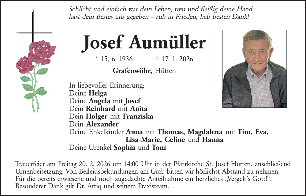  Traueranzeige für Josef Aumüller vom 14.02.2026 aus Hauptausgabe Weiden