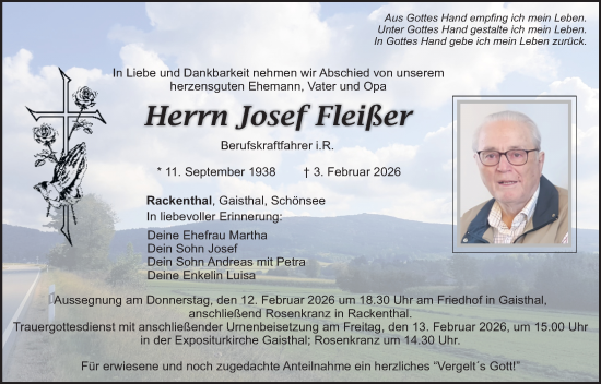 Traueranzeige von Josef Fleißer von Landkreis Schwandorf