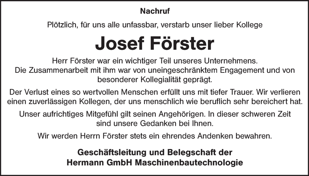  Traueranzeige für Josef Förster vom 21.02.2026 aus Hauptausgabe Weiden