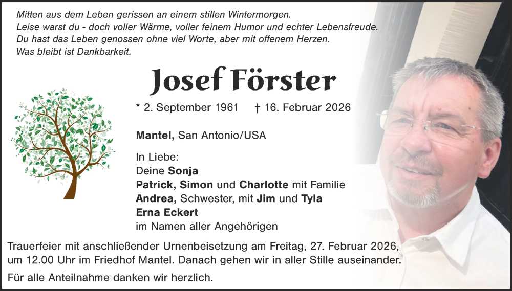  Traueranzeige für Josef Förster vom 21.02.2026 aus Hauptausgabe Weiden