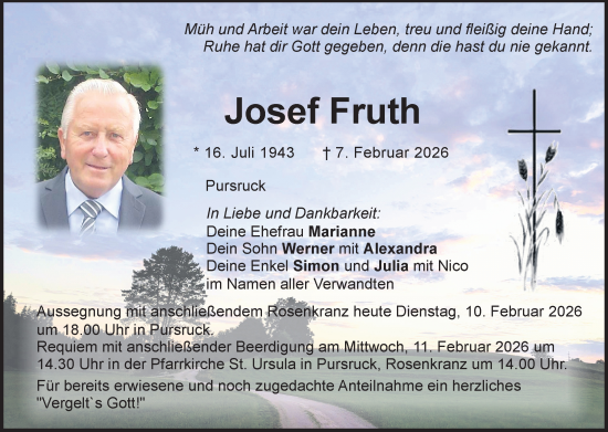 Traueranzeige von Josef Fruth von Hauptausgabe Amberg