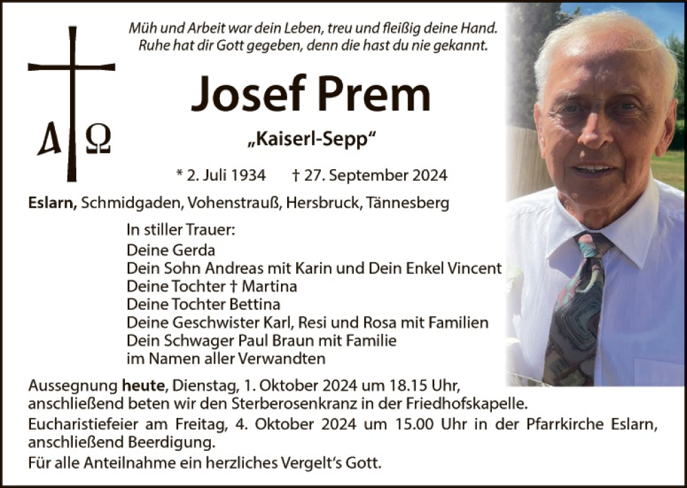  Traueranzeige für Josef Prem vom 01.10.2024 aus Hauptausgabe Weiden