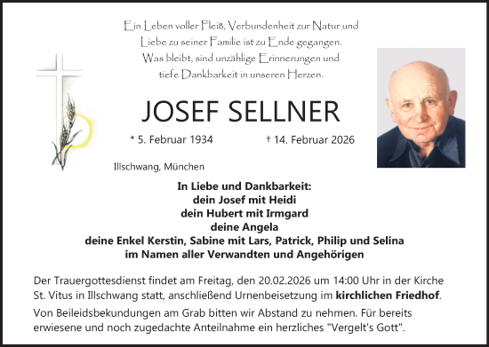 Traueranzeige von Josef Sellner von Hauptausgabe Amberg