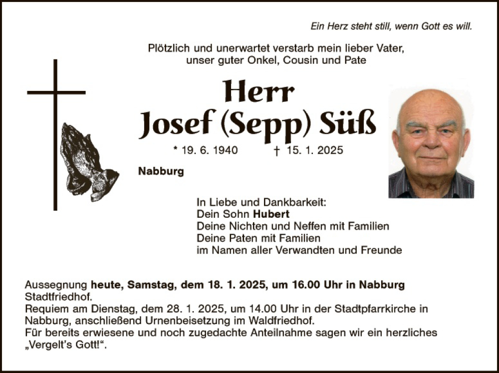  Traueranzeige für Josef Süß vom 18.01.2025 aus Landkreis Schwandorf