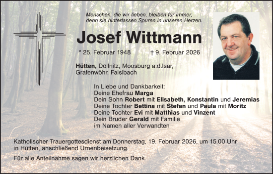 Traueranzeige von Josef Wittmann von Hauptausgabe Weiden