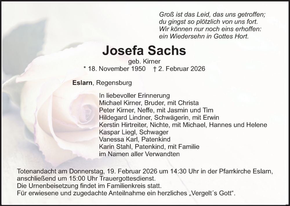  Traueranzeige für Josefa Sachs vom 14.02.2026 aus Landkreis Schwandorf und Vohenstrauß