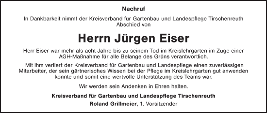Traueranzeige von Jürgen Eiser von Tirschenreuth