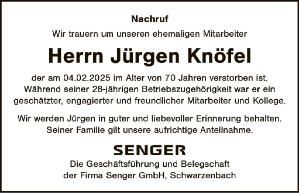  Traueranzeige für Jürgen Knöfel vom 22.02.2025 aus Hauptausgabe Weiden