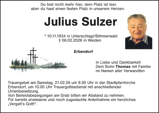 Traueranzeige von Julius Sulzer von Tirschenreuth + Eschenbach - Kemnath - Erbendorf