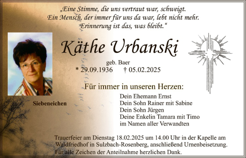  Traueranzeige für Käthe Urbanski vom 15.02.2025 aus Hauptausgabe Amberg