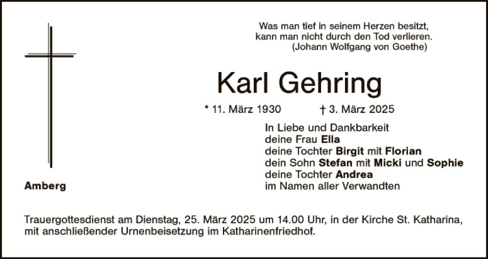  Traueranzeige für Karl Gehring vom 22.03.2025 aus Hauptausgabe Amberg