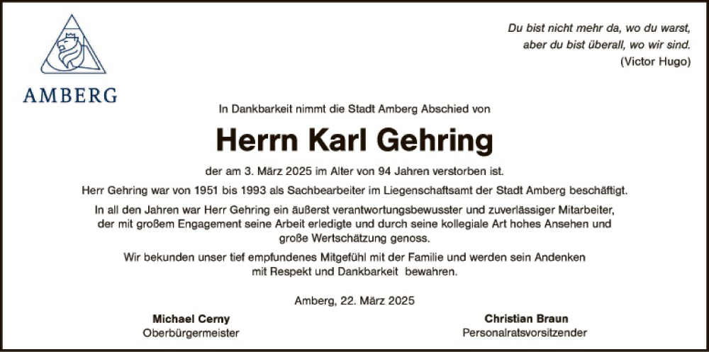  Traueranzeige für Karl Gehring vom 22.03.2025 aus Hauptausgabe Amberg