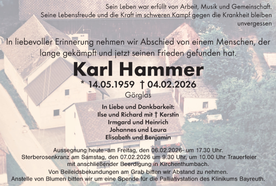 Traueranzeige von Karl Hammer von Eschenbach - Kemnath - Erbendorf + Sulzbach - Rosenberger Zeitung