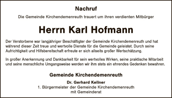 Traueranzeige von Karl Hofmann von Hauptausgabe Weiden