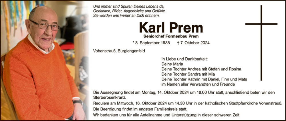  Traueranzeige für Karl Prem vom 12.10.2024 aus Hauptausgabe Weiden