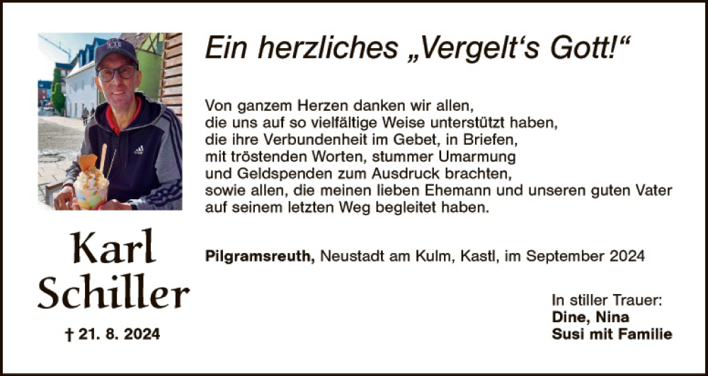  Traueranzeige für Karl Schiller vom 14.09.2024 aus Tirschenreuth + Eschenbach - Kemnath - Erbendorf