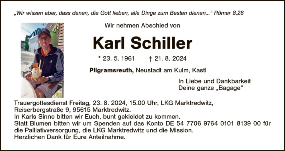  Traueranzeige für Karl Schiller vom 22.08.2024 aus Tirschenreuth + Eschenbach - Kemnath - Erbendorf