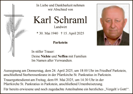 Traueranzeige von Karl Schraml von Hauptausgabe Weiden