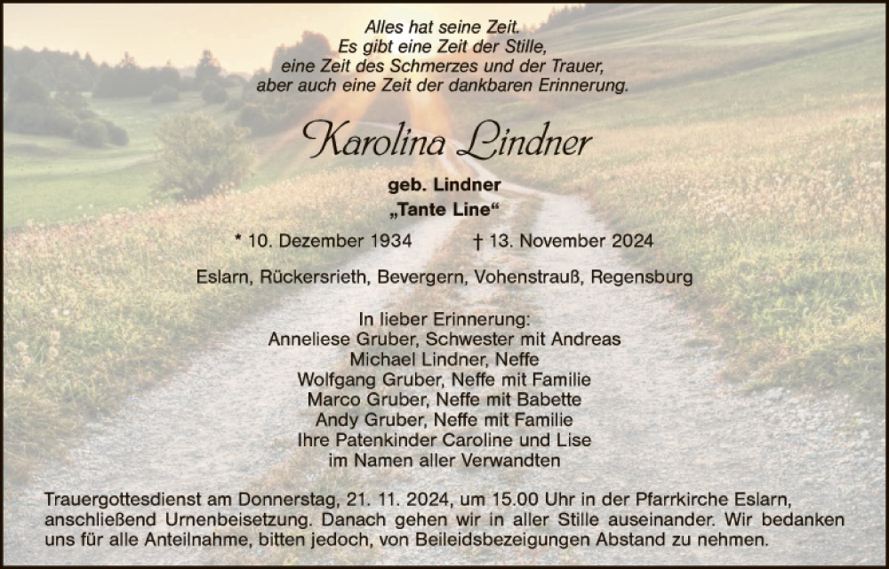  Traueranzeige für Karolina Lindner vom 19.11.2024 aus Landkreis Schwandorf und Vohenstrauß