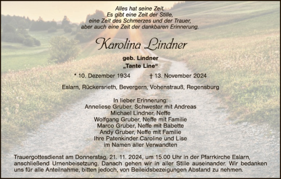 Traueranzeige von Karolina Lindner von Landkreis Schwandorf und Vohenstrauß