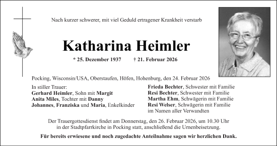 Traueranzeige von Katharina Heimler von Hauptausgabe Amberg