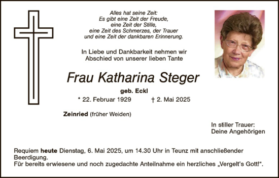 Traueranzeige von Katharina Steger von Landkreis Schwandorf