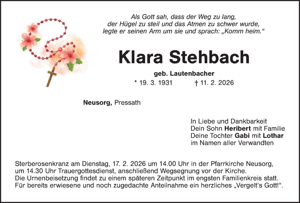  Traueranzeige für Klara Stehbach vom 14.02.2026 aus Tirschenreuth + Eschenbach - Kemnath - Erbendorf