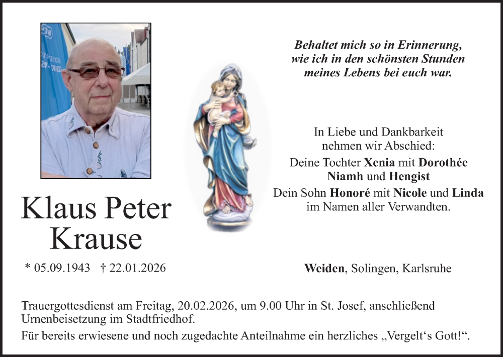  Traueranzeige für Klaus Peter Krause vom 14.02.2026 aus Hauptausgabe Weiden