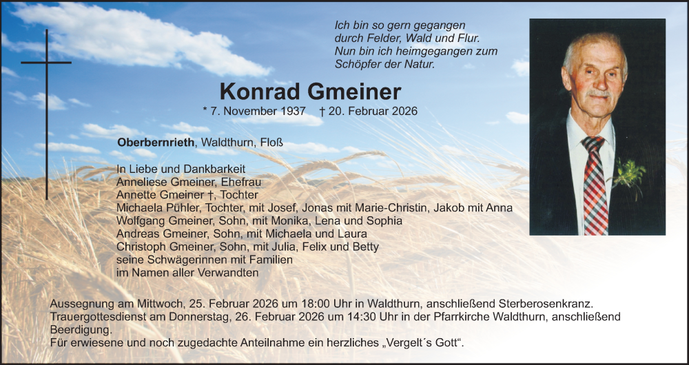  Traueranzeige für Konrad Gmeiner vom 24.02.2026 aus Hauptausgabe Weiden