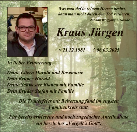 Traueranzeige von Kraus Jürgen von Tirschenreuth + Eschenbach - Kemnath - Erbendorf