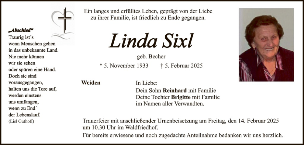  Traueranzeige für Linda Six vom 12.02.2025 aus Hauptausgabe Weiden