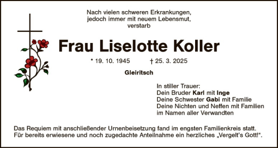 Traueranzeige von Liselotte Koller von Landkreis Schwandorf