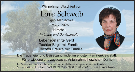 Traueranzeige von Lore Schwab von Amberger Zeitung / Sulzbach - Rosenberger Zeitung + Landkreis Schwandorf