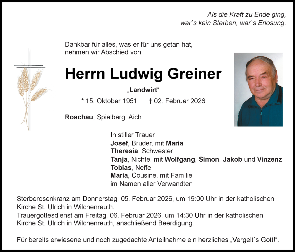  Traueranzeige für Ludwig Greiner vom 04.02.2026 aus Hauptausgabe Weiden