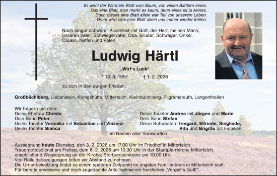 Traueranzeige von Ludwig Härtl von Tirschenreuth + Eschenbach - Kemnath - Erbendorf