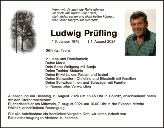 Traueranzeige von Ludwig Prüfling von Hauptausgabe Weiden