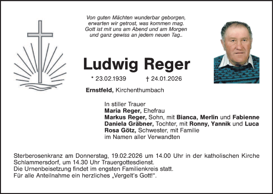 Traueranzeige von Ludwig Reger von Tirschenreuth + Eschenbach - Kemnath - Erbendorf