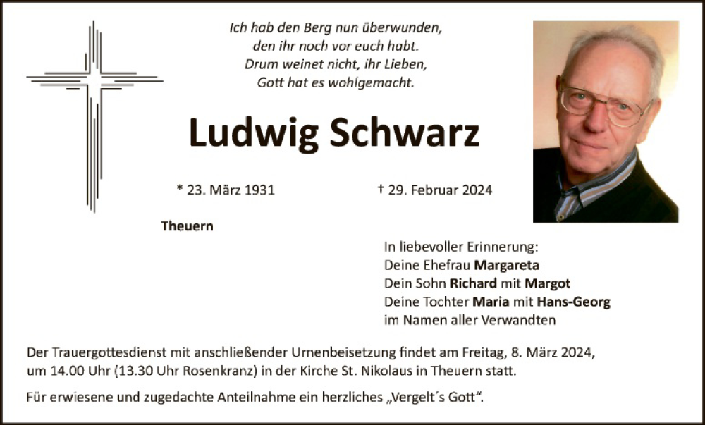  Traueranzeige für Ludwig Schwarz vom 05.03.2024 aus Hauptausgabe Amberg