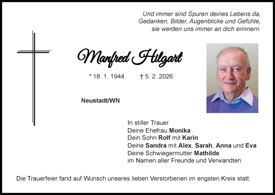 Traueranzeige von Manfred Hilgart von Hauptausgabe Weiden