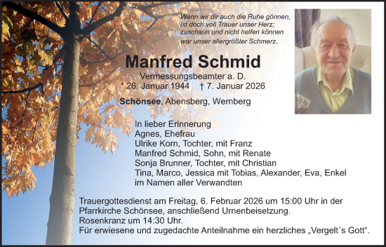 Traueranzeige von Manfred Schmid von Landkreis Schwandorf