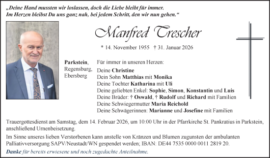 Traueranzeige von Manfred Trescher von Hauptausgabe Weiden