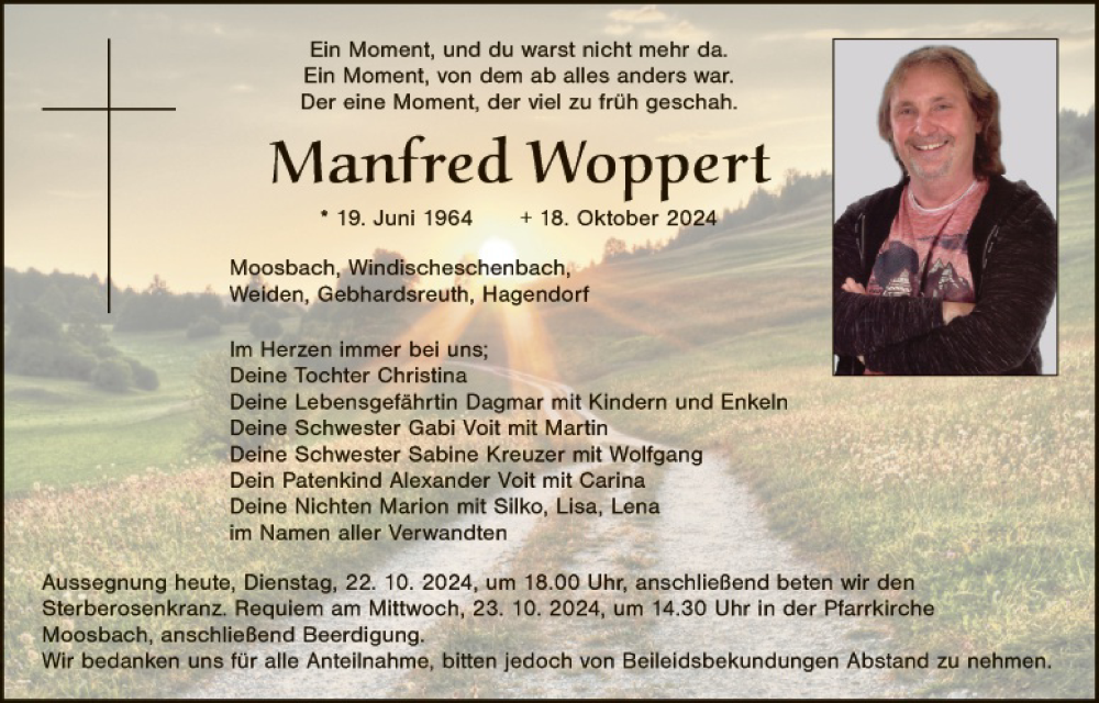  Traueranzeige für Manfred Woppert vom 22.10.2024 aus Hauptausgabe Weiden