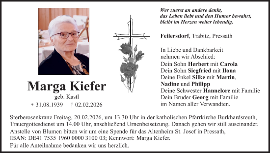 Traueranzeige von Marga Kiefer von Tirschenreuth + Eschenbach - Kemnath - Erbendorf