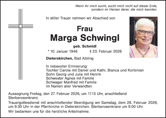 Traueranzeige von Marga Schwingl von Landkreis Schwandorf