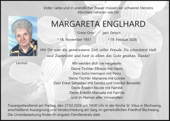 Traueranzeige von Margareta Englhard von Hauptausgabe Amberg