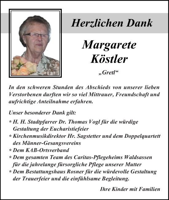 Traueranzeige von Margarete Köstler von Tirschenreuth + Eschenbach - Kemnath - Erbendorf