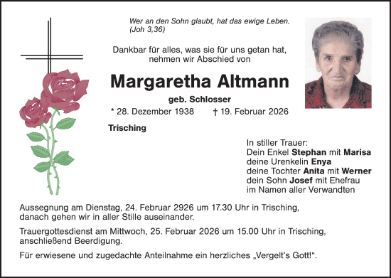 Traueranzeige von Margaretha Altmann von Landkreis Schwandorf