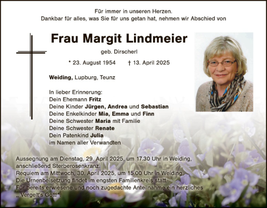 Traueranzeige von Margit Lindmeier von Landkreis Schwandorf